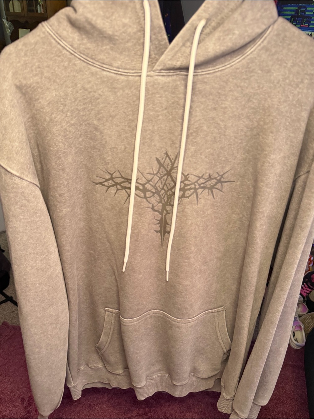 LG Beige-Grey Crewneck Hoodie with Thorn Graphic
